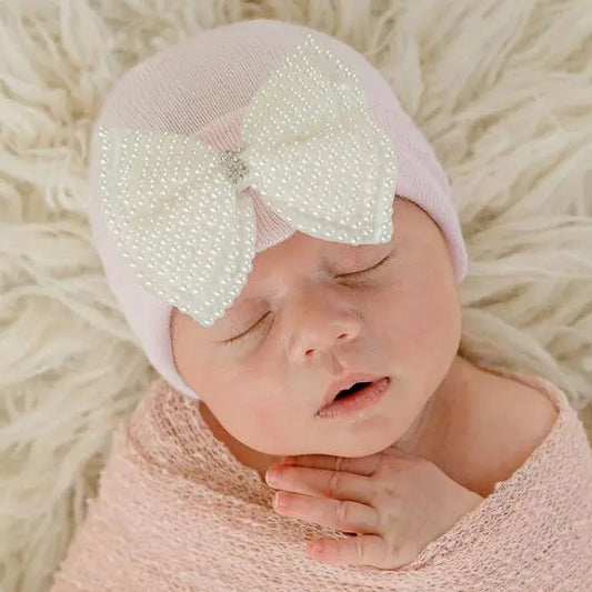Pink Hat with Pearl Bow Newborn Girl Hospital Hat
