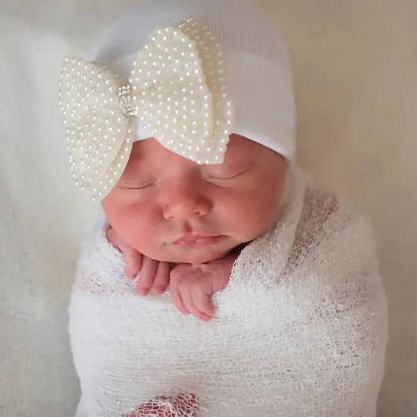 White Hat with Pearl Bow Newborn Girl Hospital Hat