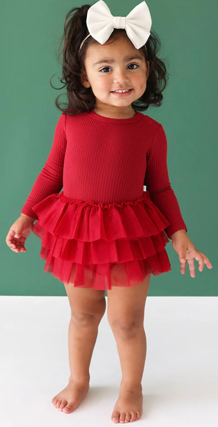 Dark Red LS Tulle Skirt Bodysuit