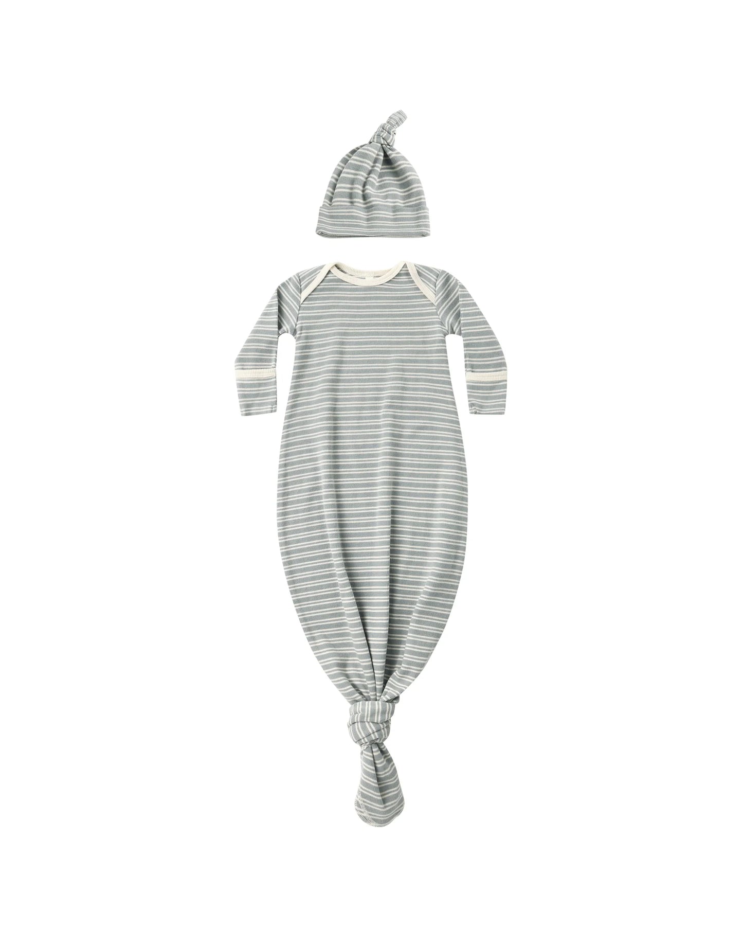 Steel Blue Microstripe Knotted Baby Gown + Hat Set