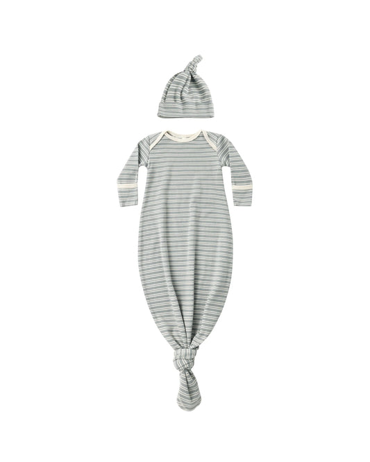 Steel Blue Microstripe Knotted Baby Gown + Hat Set