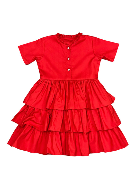 Red Ruffle Dress With Diamond Buttons