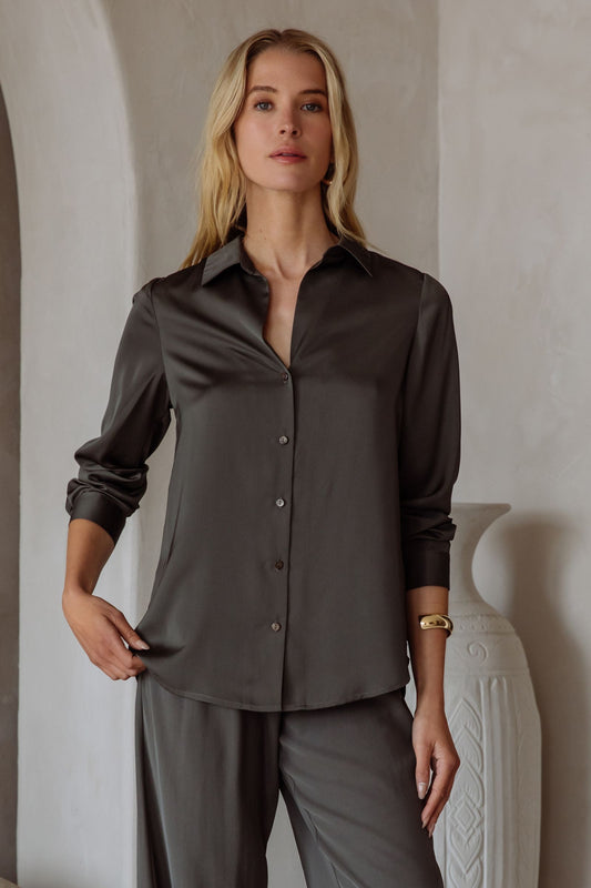 Dark Olive Silky Button Down