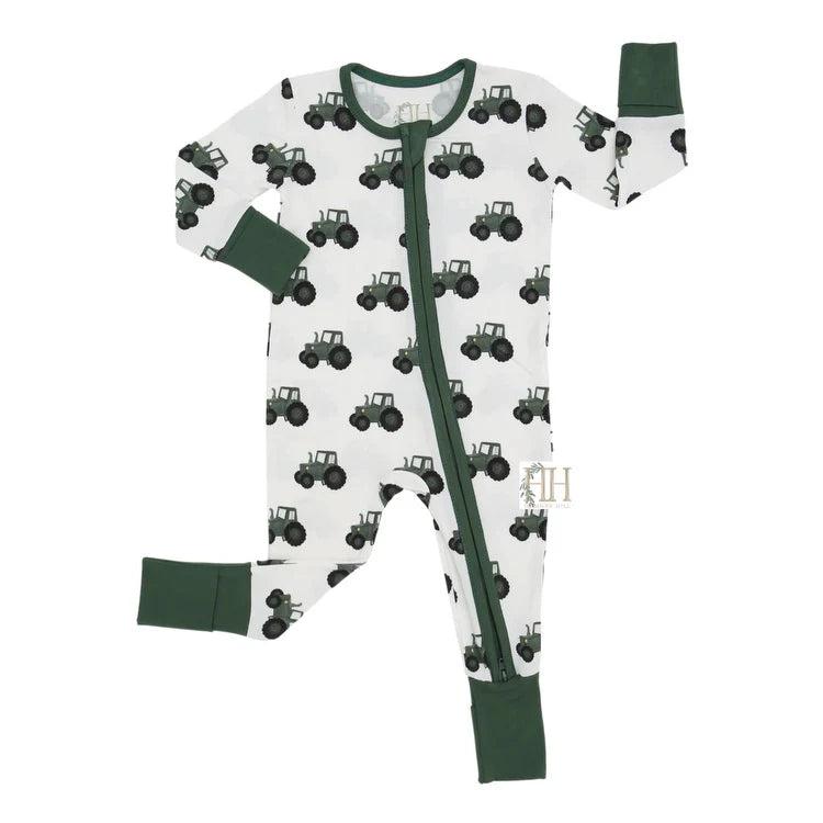 Boys Green Tractor Double Zipper Romper