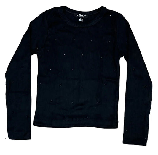Black Rhinestone Ribbed Long Sleeve