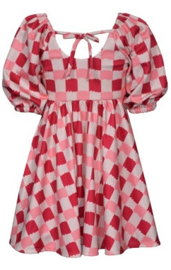 Red Multi Check Tie Back Dress