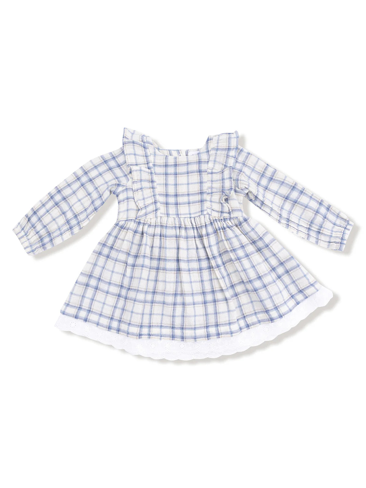 Long Sleeve Eyelet Hem Dress, Blue Plaid