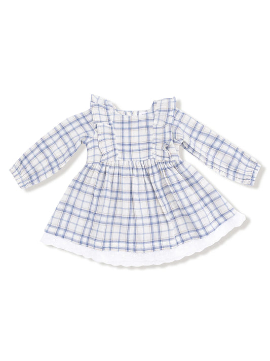 Long Sleeve Eyelet Hem Dress, Blue Plaid
