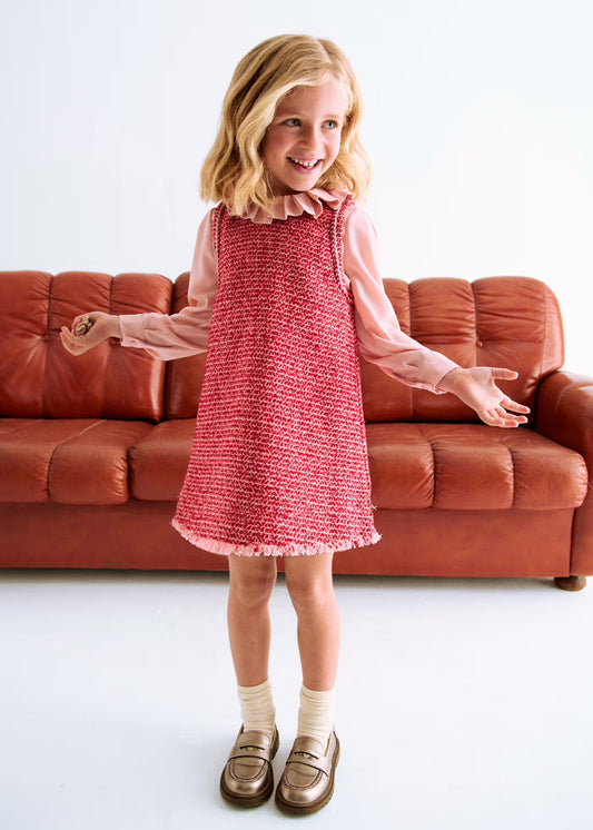 Red & Pink Plaid Pinafore Dress W Ruffled Collar