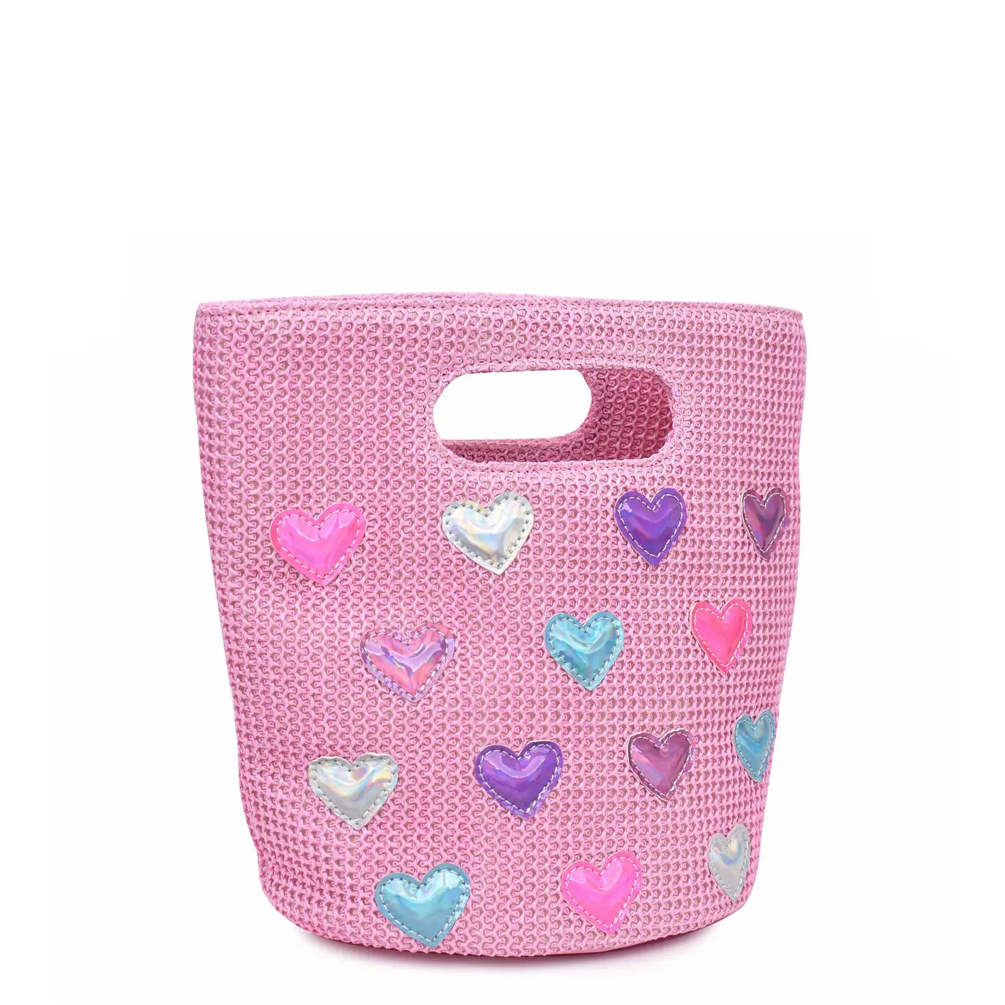 Heart-Patched Pink Straw Mini Tote Bag