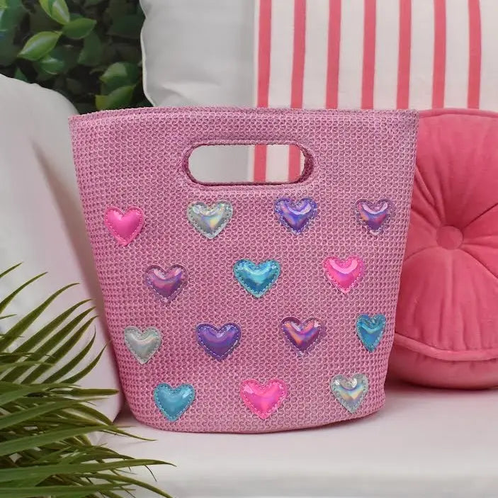 Heart-Patched Pink Straw Mini Tote Bag