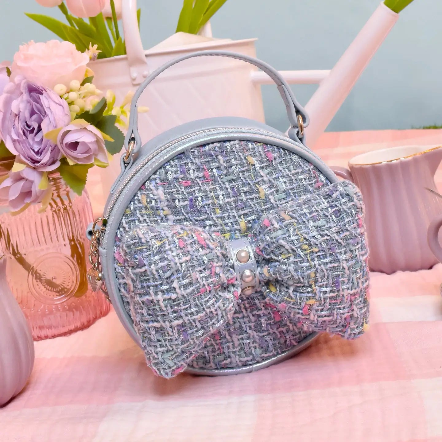 Blue Tweed Bow Crossbody Bag