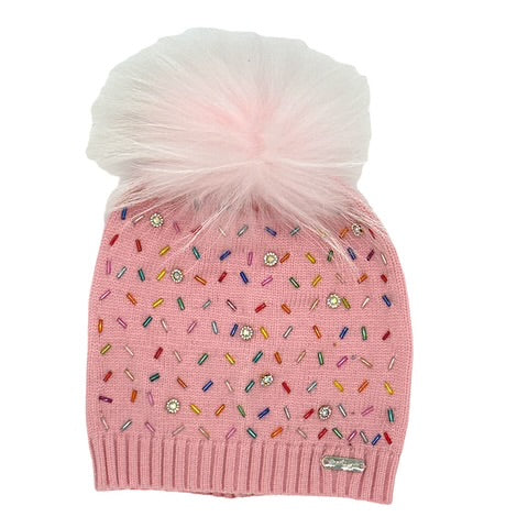 Pink Sprinkle Beanie With Fur Pom