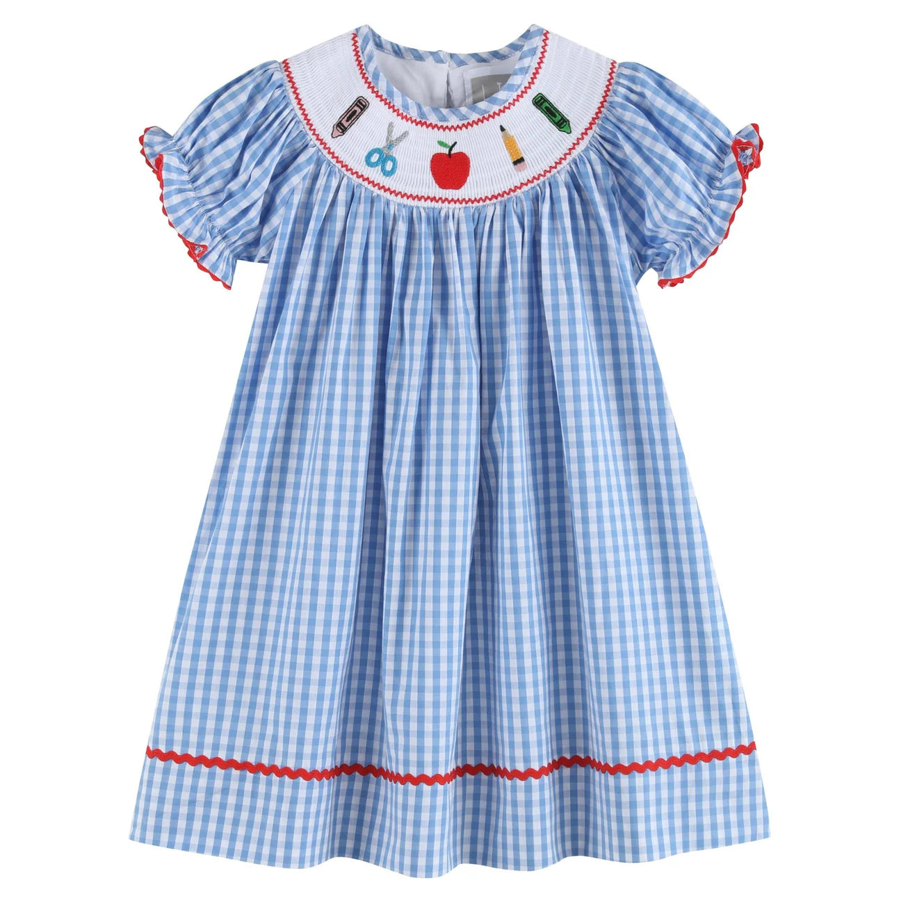 Blue Gingham Smocked School Supplies Dress