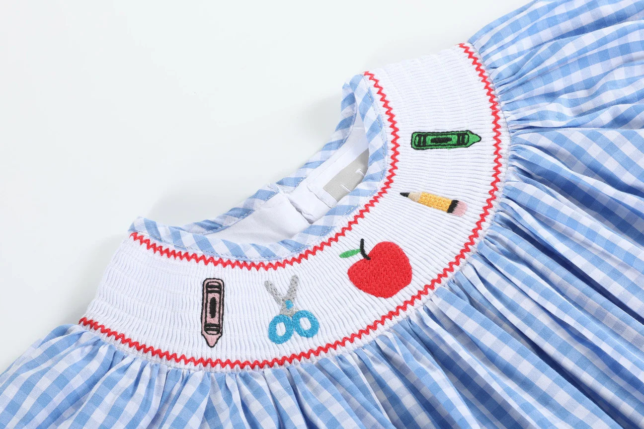Blue Gingham Smocked School Supplies Dress