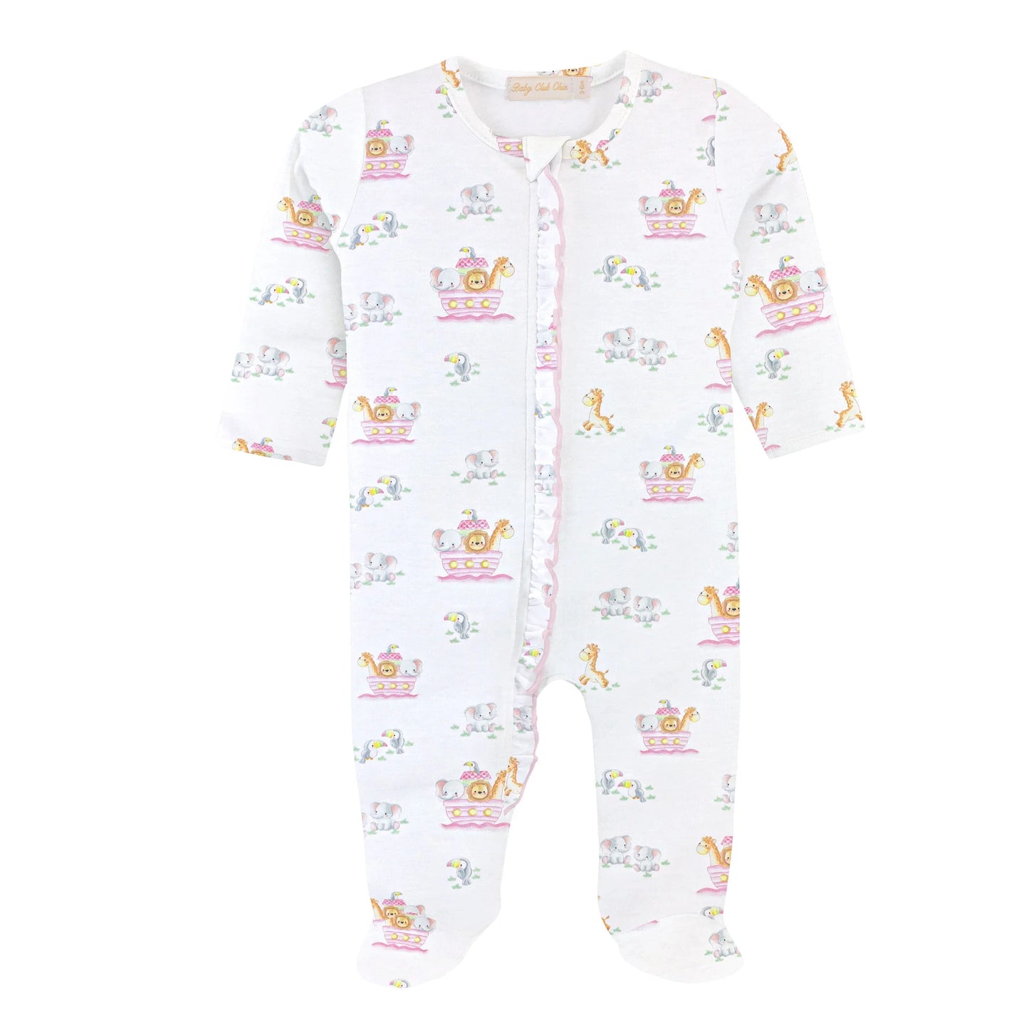 Noah's Ark Pink Printed Ruffle Zipper Footie