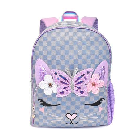 Miss Bella Kitty Cat Denim Checkerboard Backpack