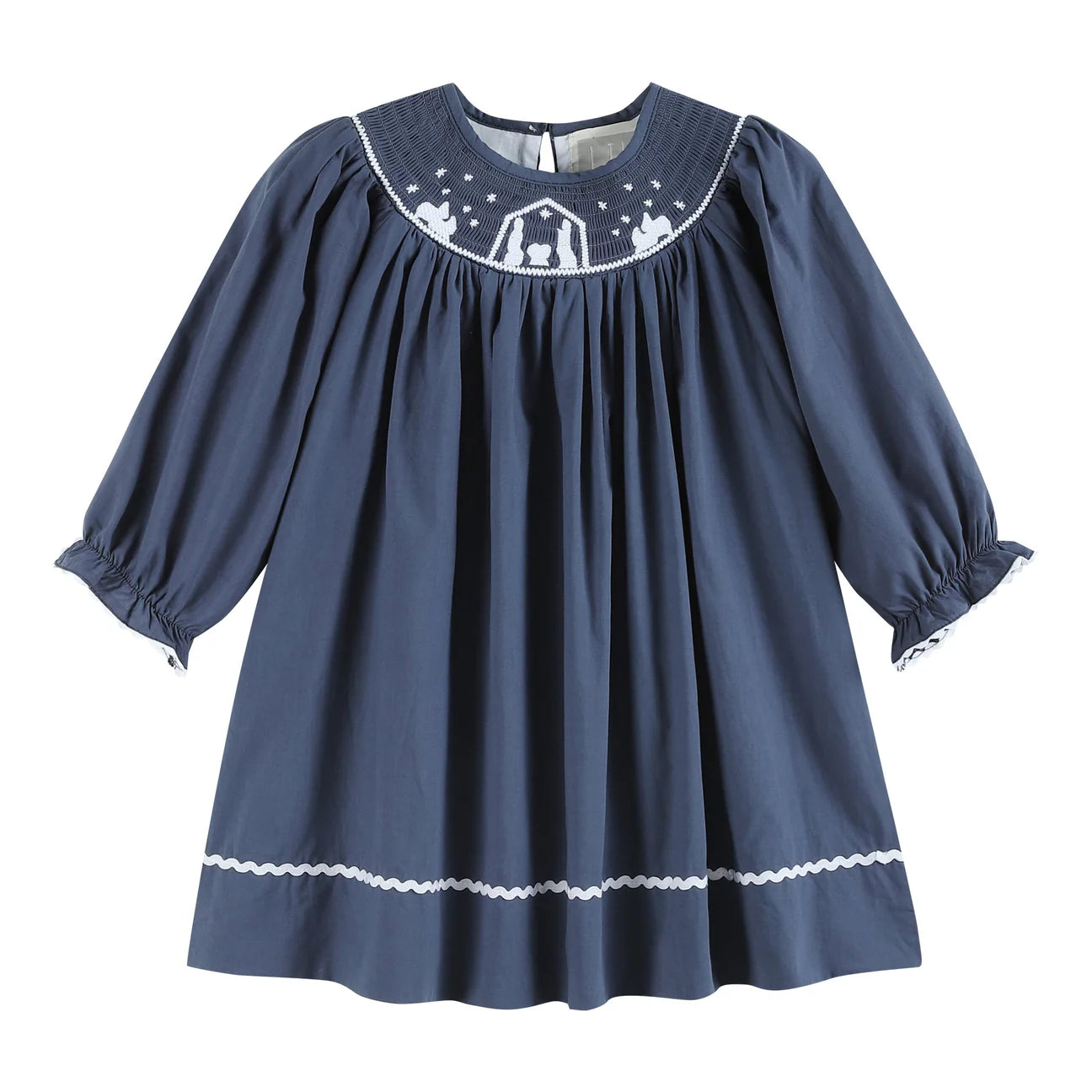 Navy Blue Nativity Smocked Bishop Dress