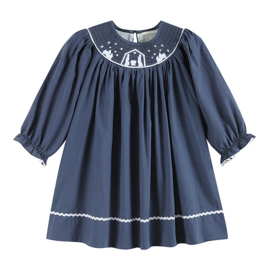 Navy Blue Nativity Smocked Bishop Dress