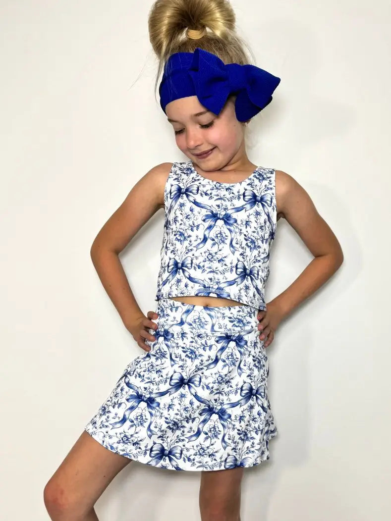 Preppy Blue Bow Girls Skort Set