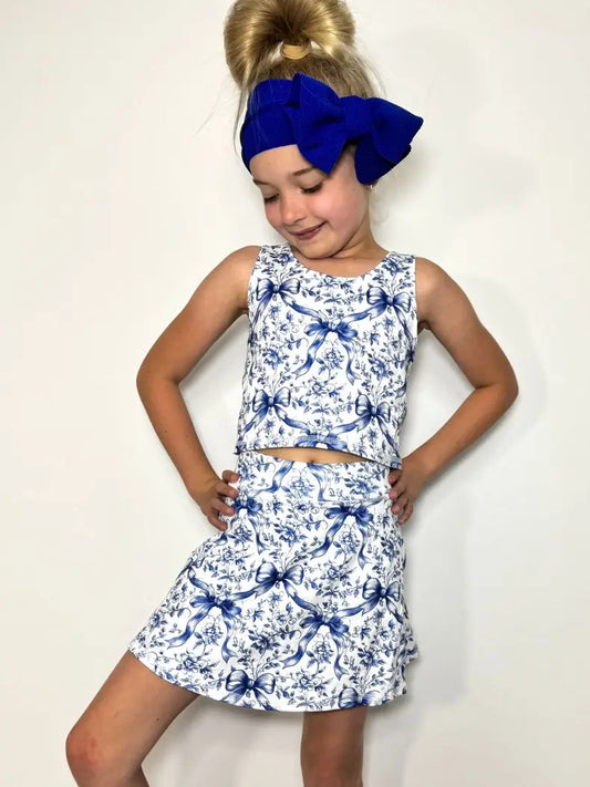 Preppy Blue Bow Girls Skort Set
