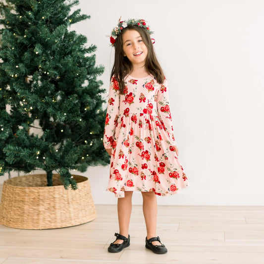 Baby Rose Holiday Floral LS Twirl Dress