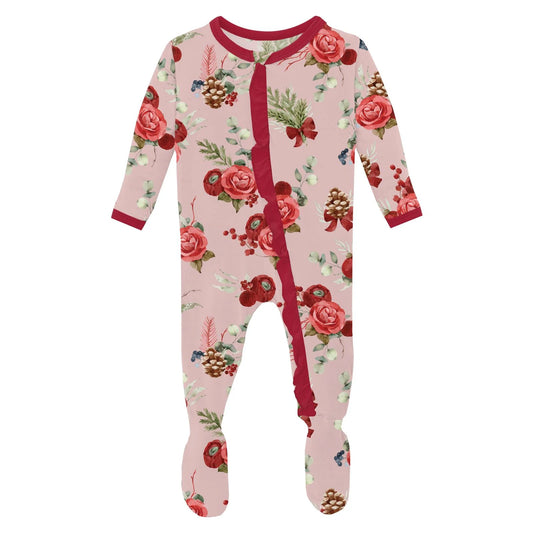 Baby Rose Holiday Floral Ruffle Footie
