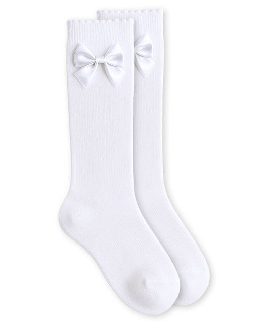 Satin Bow Scalloped Top Cotton Knee High Socks