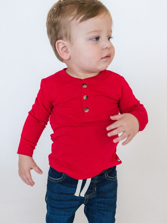 Red Knit Long Sleeve Henley Tee