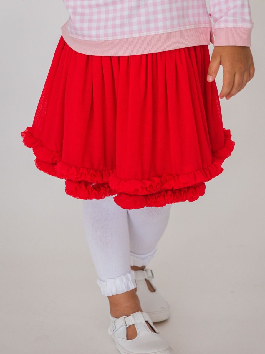 Red Elastic Waist Ruffle Tulle Skirt