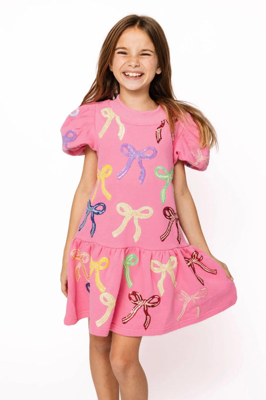 QOS Pink Multi Bow Poof Sleeve Dress