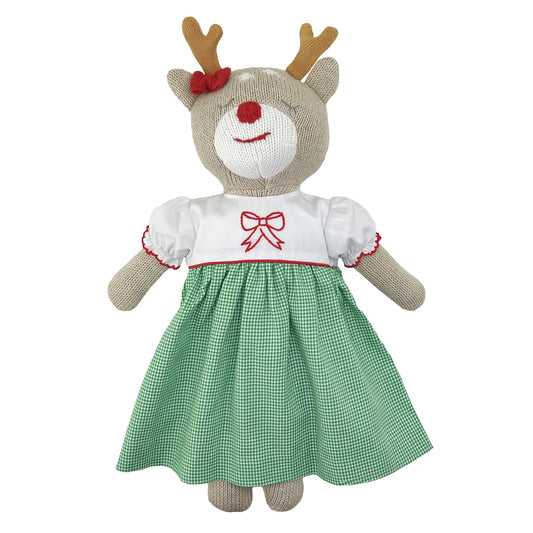 Knit Reindeer Doll with Embroidered Green Check Dress
