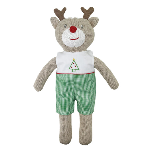 Knit Reindeer Doll with Embroidered Green Check Romper