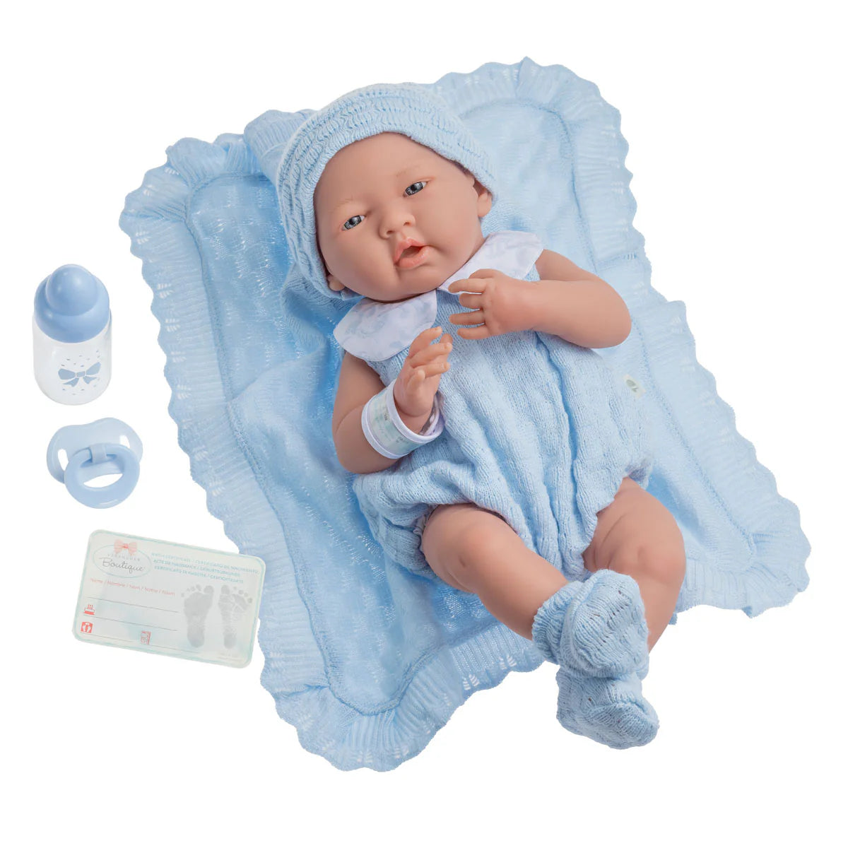 La Newborn All Vinyl Real Boy 15in Baby Doll in Blue Knit Outfit
