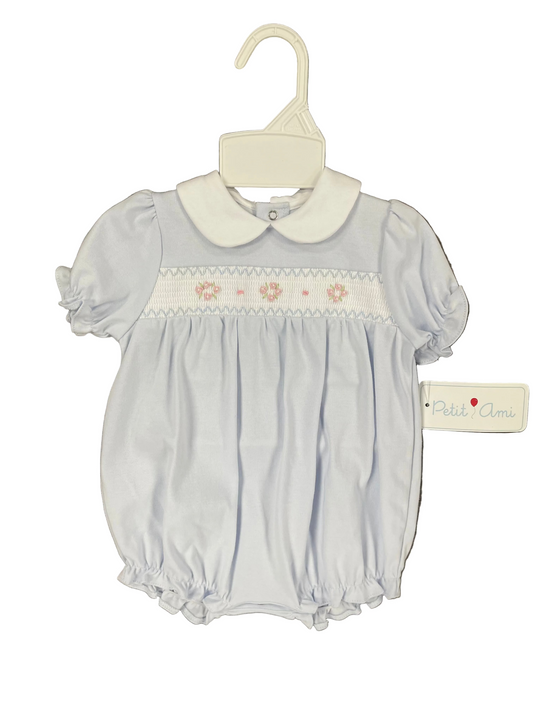 Blue Smocked Flower Knit Bubble