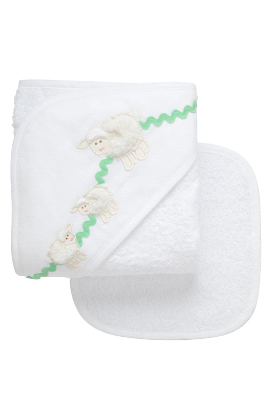 Lamb Applique Hooded Towel & Washcloth Set, White