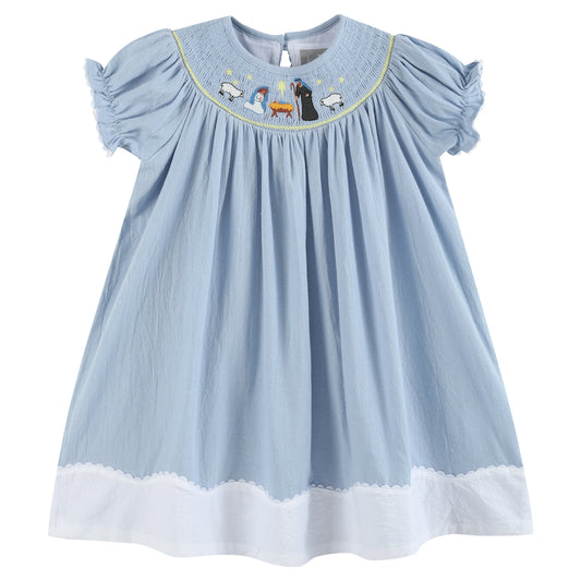 Light Blue Nativity Smocked Dress