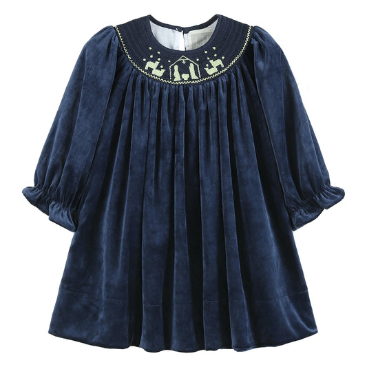 Navy Blue Velvet Nativity Smocked Dress