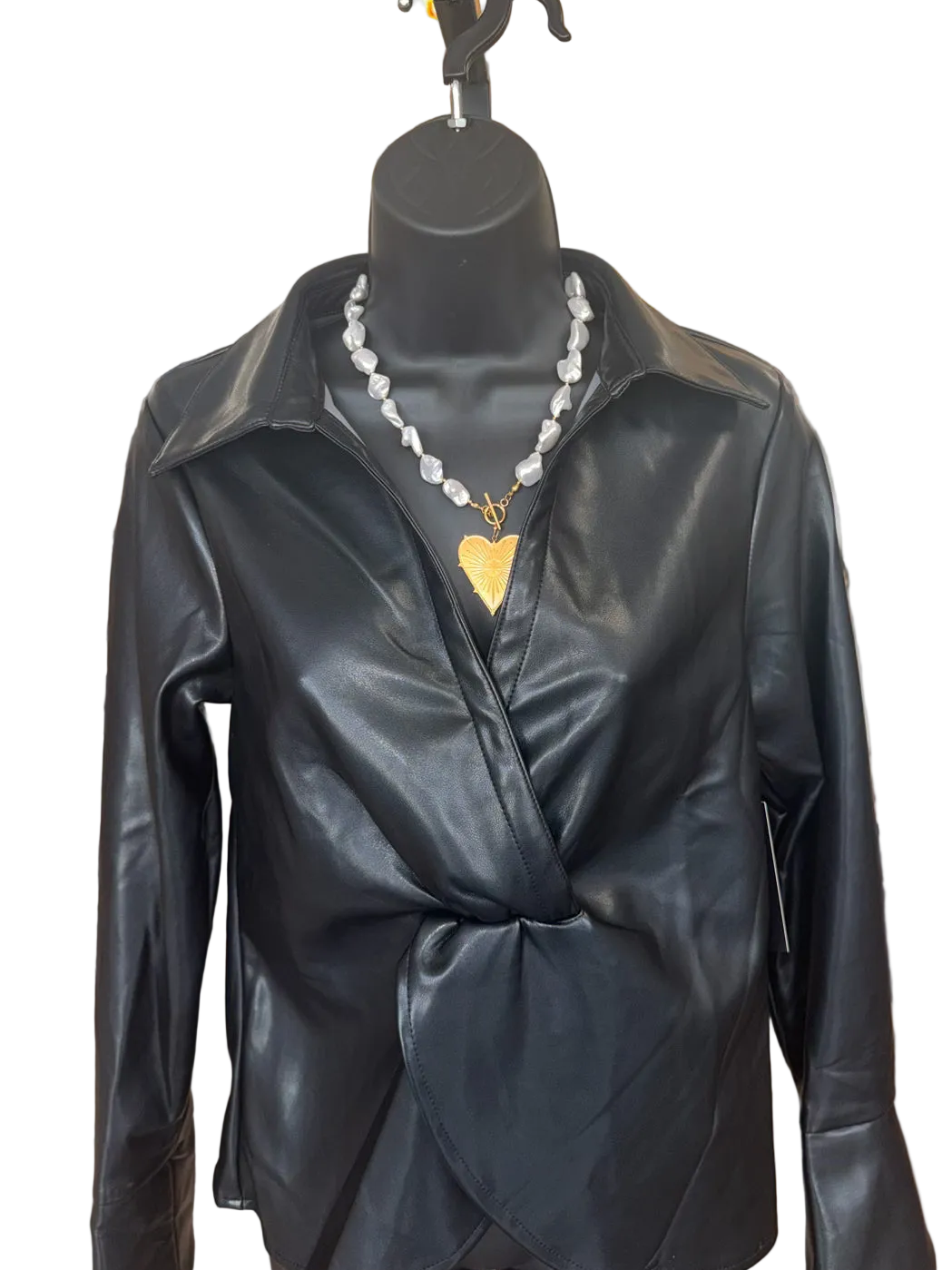 Black Leather V Neck Top