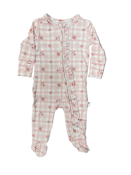 Prim Rose Plaid Ruffle Zipper Footie