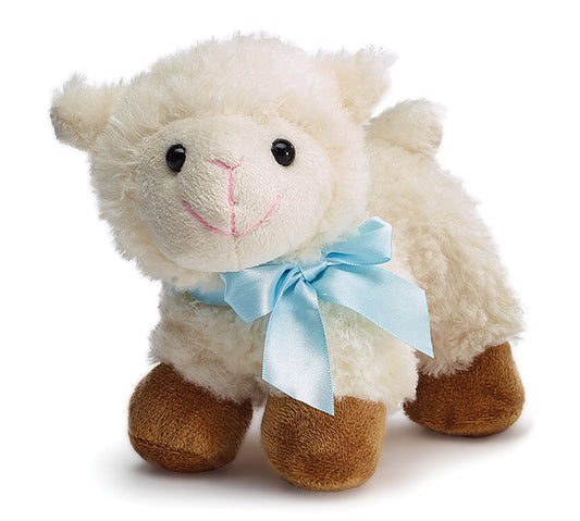 Plush Standing  Lamb With  Blue Satin Bow
