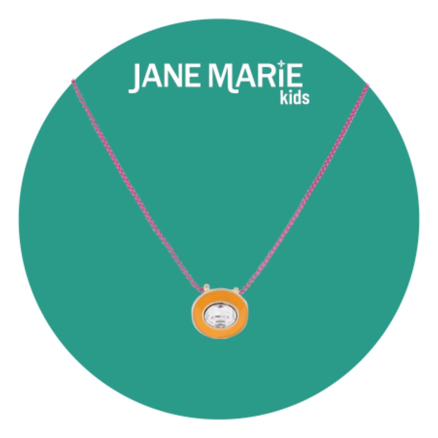 14" Hot Pink Chain Necklace with Orange Enamel & Clear Crystal Oval