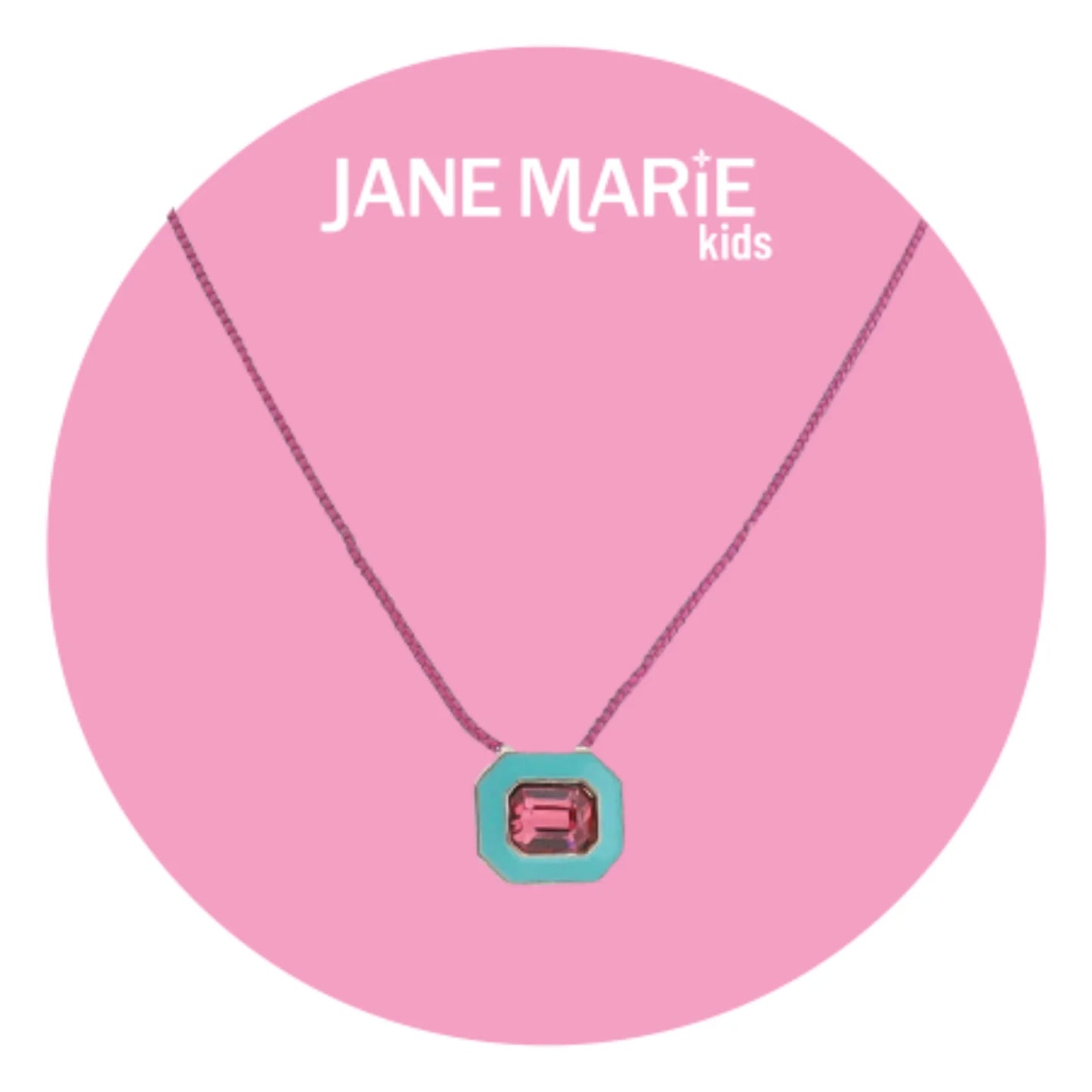 14" Hot Pink Chain Necklace with Turquoise Enamel & Hot Pink Crystal Rectangle