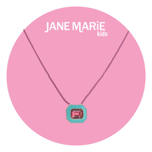 14" Hot Pink Chain Necklace with Turquoise Enamel & Hot Pink Crystal Rectangle