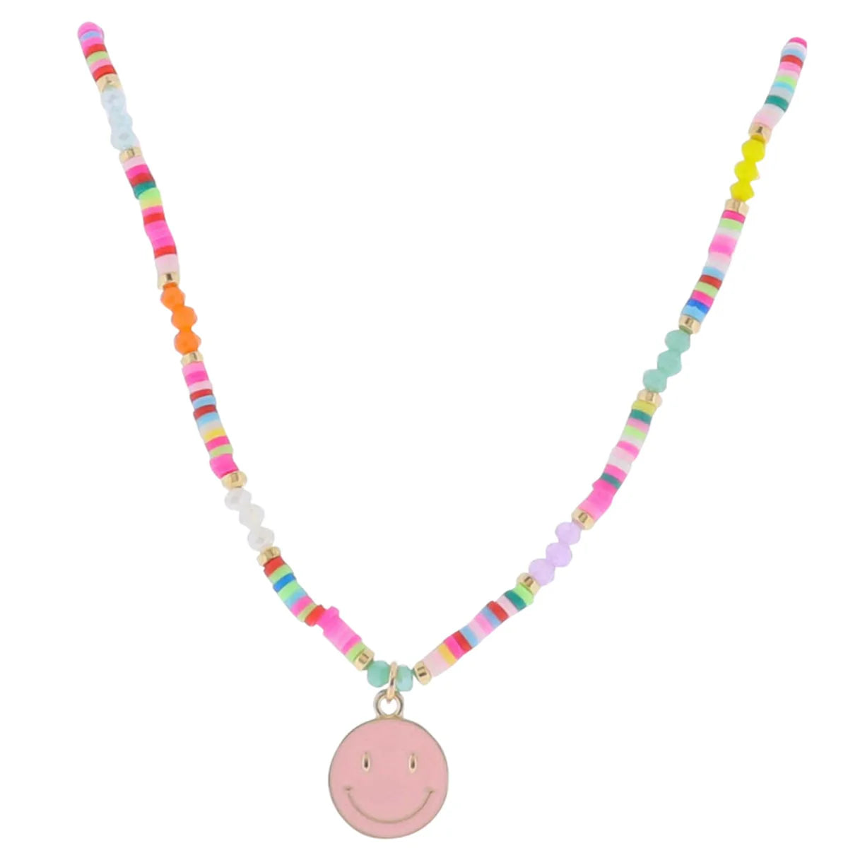 14” Multi Beaded Necklace W Light Pink Smiley Pendant