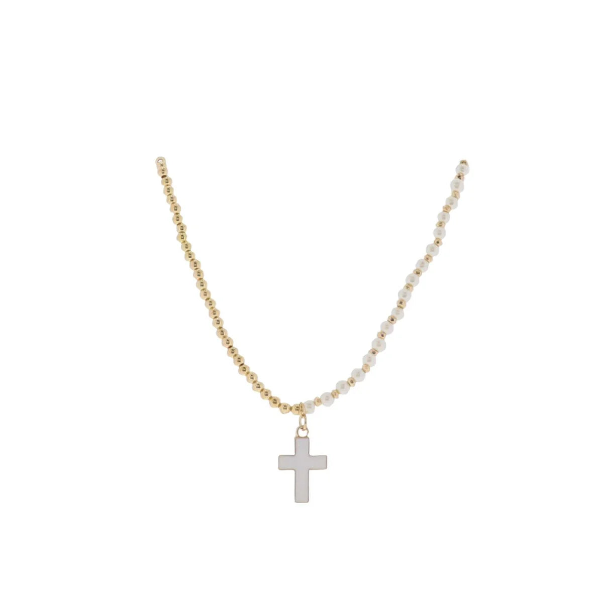 14” Gold & Pearl Beaded Necklace W White Cross Pendant