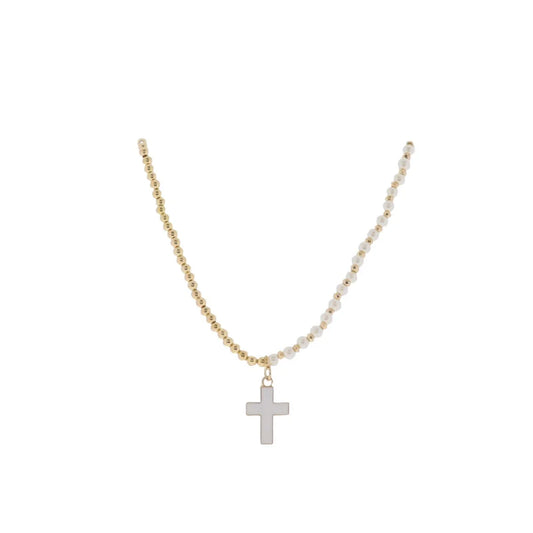 14” Gold & Pearl Beaded Necklace W White Cross Pendant