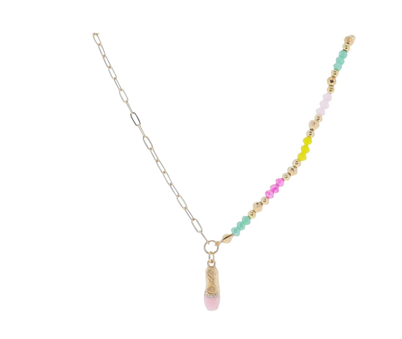 14" Turqoise, Hot Pink, Yellow, Gold Beaded Necklace with Pink Ballet Slipper Pendant