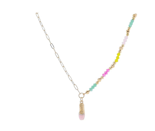 14" Turqoise, Hot Pink, Yellow, Gold Beaded Necklace with Pink Ballet Slipper Pendant