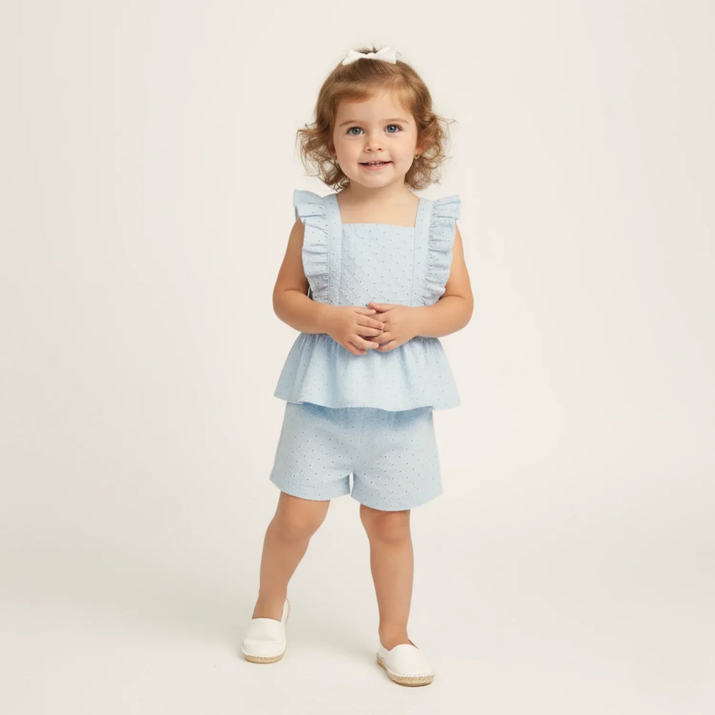 Organic Eyelet Flutter Top And Shorts Set - Light Blue Eyelet